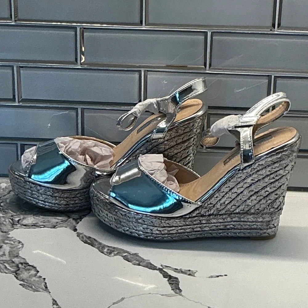 Lina Silver Metallic Espadrille Platform Wedge Sandals 8.5 Open Toe Ankle Strap